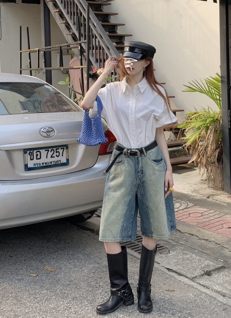 Quần Short denim Màu gradient Phong Cách retro Thời Trang Cho Nữ
