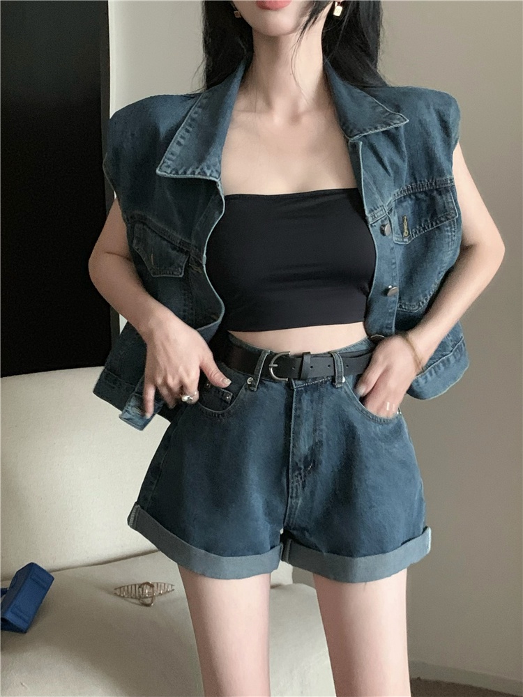 Set Áo Denim Không Tay + Quần Short Thiết Kế Mới Năng Động Thời Trang