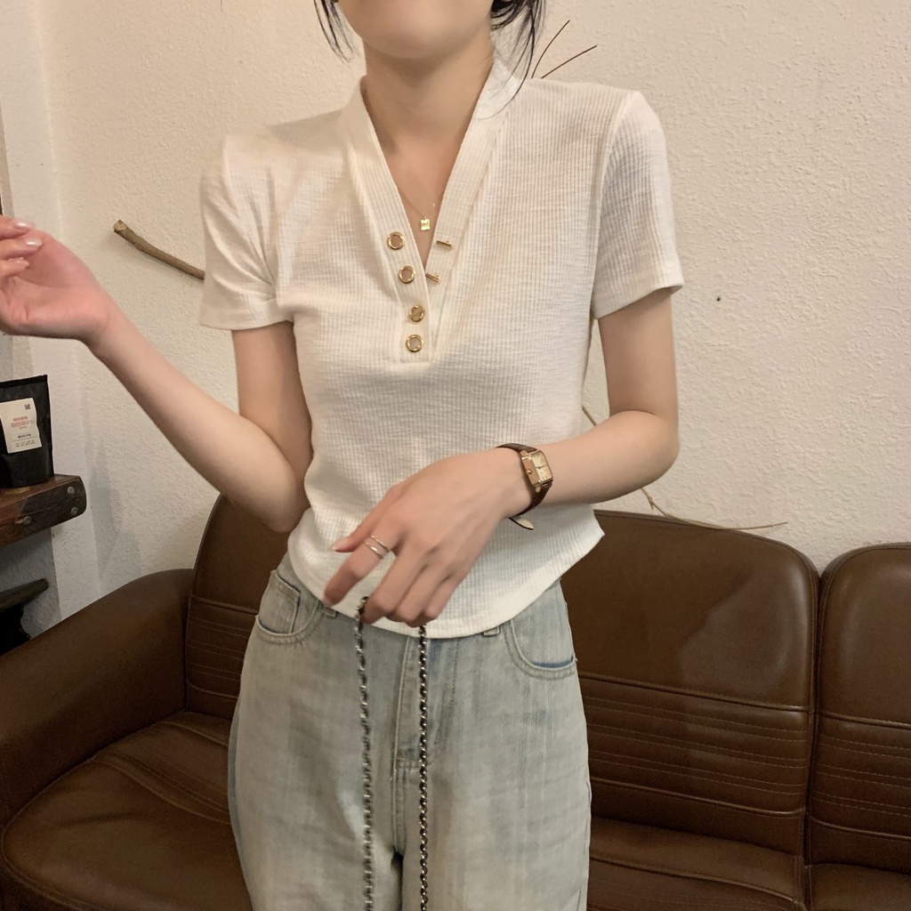Áo Thun Ngắn Tay Cổ Chữ v Cài Nút Kim Loại Phong Cách Hàn Quốc Thời Trang Xuân Hè 62963