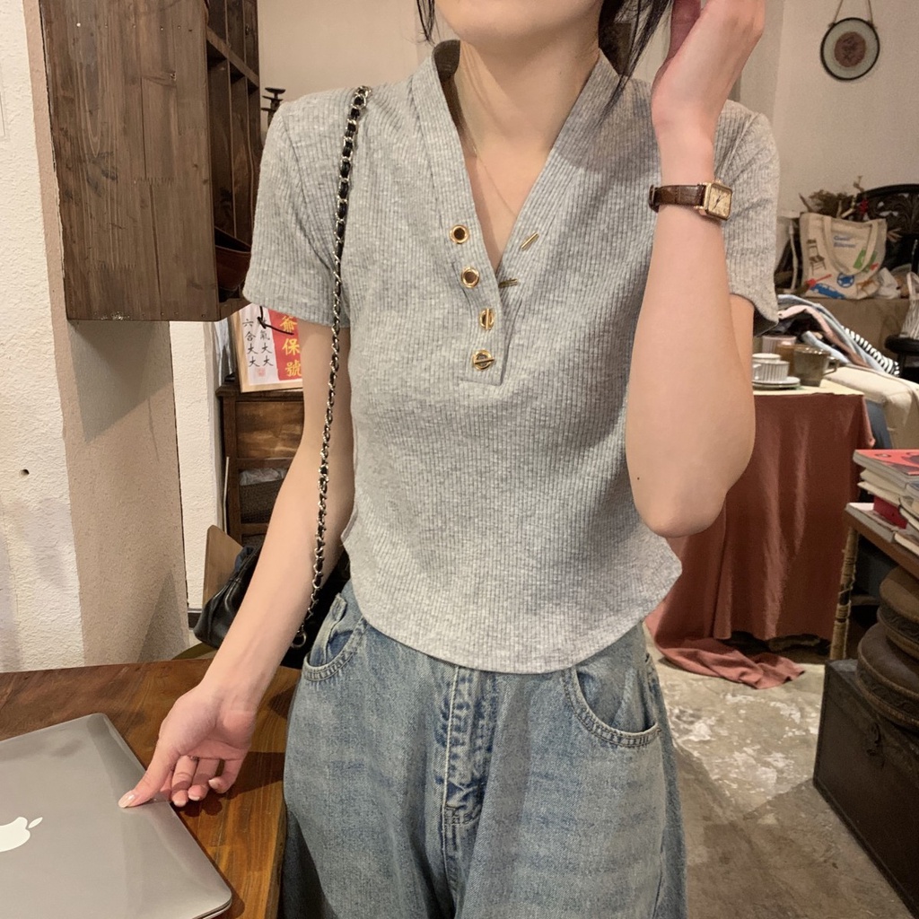 Áo Thun Ngắn Tay Cổ Chữ v Cài Nút Kim Loại Phong Cách Hàn Quốc Thời Trang Xuân Hè 62963
