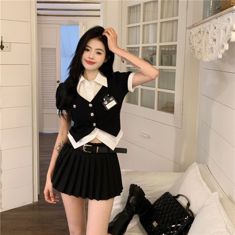 Ngọt ngào mát mẻ cô gái Mỹ học viện phong cách thiết lập váy va chạm màu ghép giả hai mảnh đầu cao eo váy xếp li thời