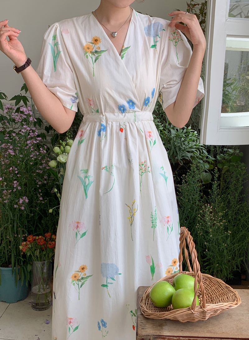 Đầm Cột Dây Eo Cao Nhấn Eo Họa Tiết Lá Mùa Hè 64811