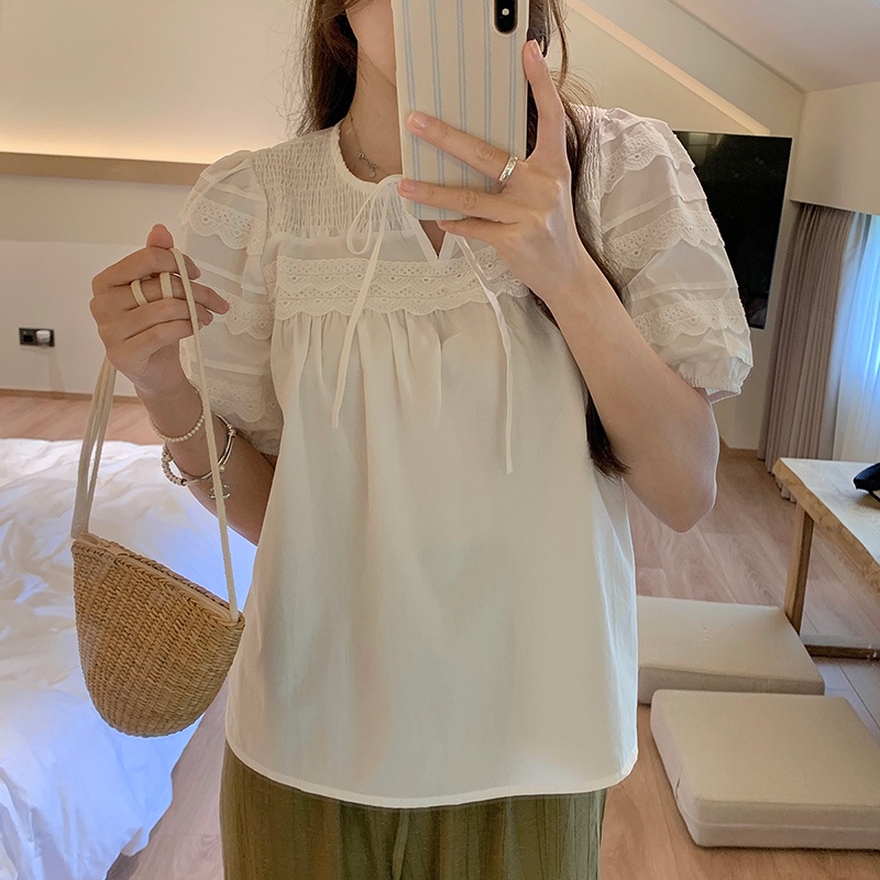 64318 Phong Cách Mới Áo Ngắn Tay Phối Ren