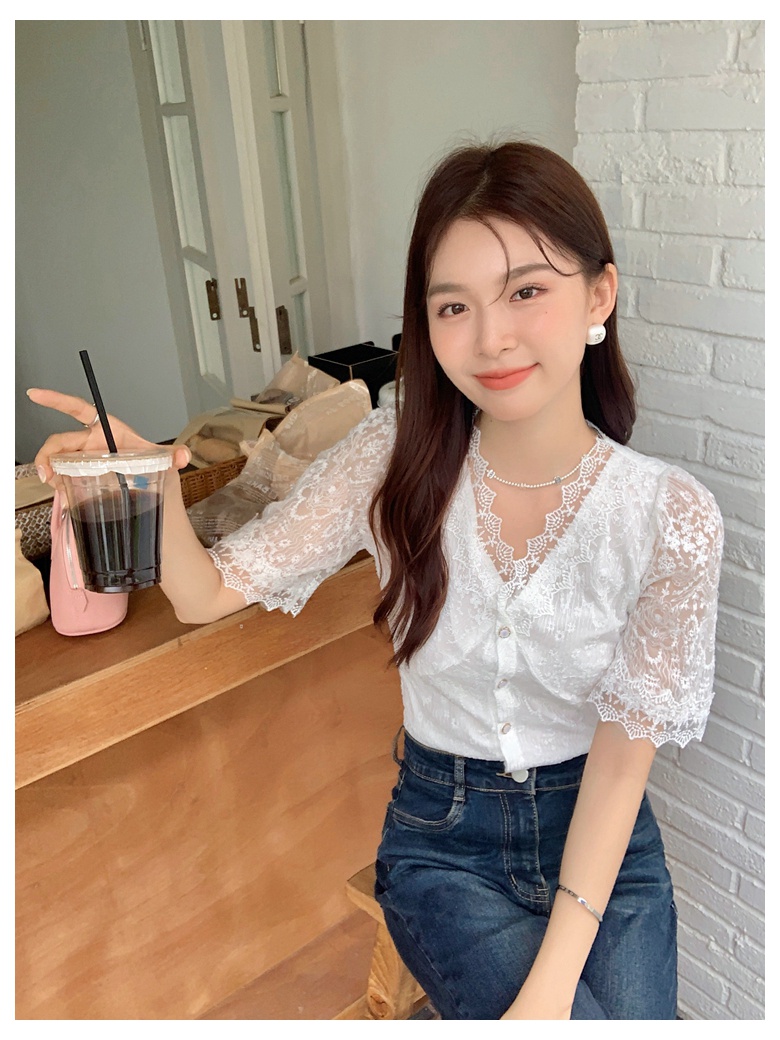 Áo Sơ Mi Ngắn Tay Cổ Chữ V Phối Ren Thanh Lịch Phong Cách Mùa Hè Mới 64383