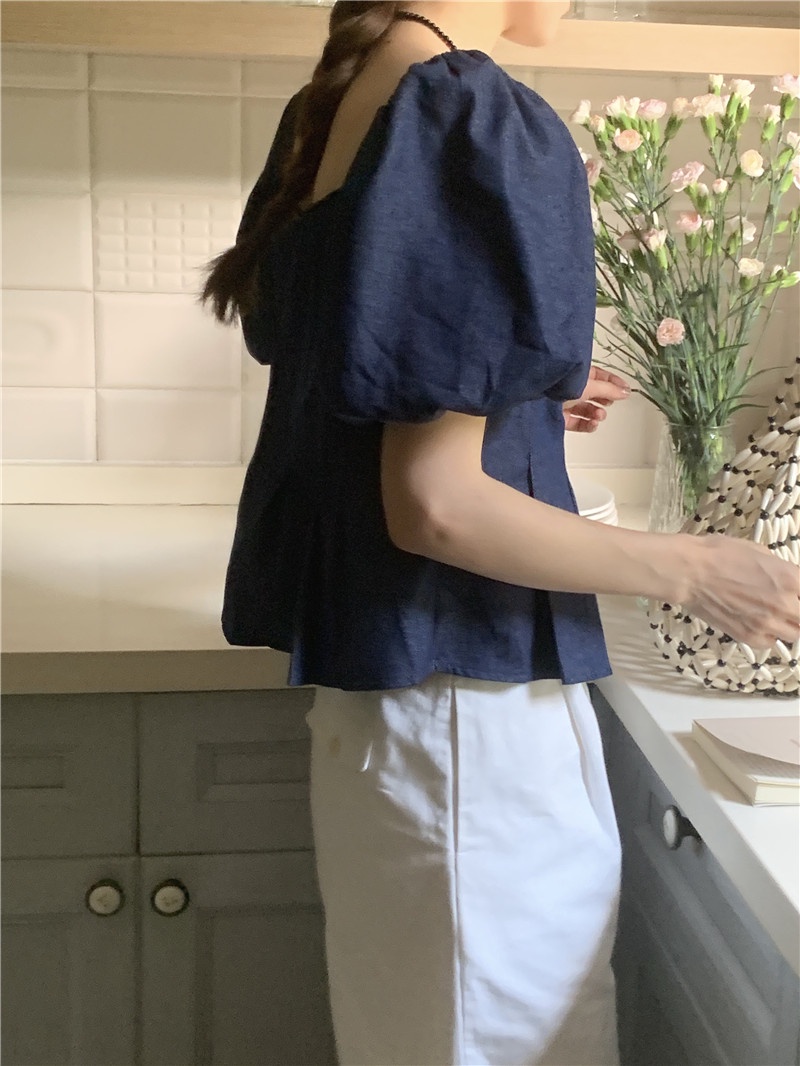 Áo Sơ Mi Denim Ngắn Tay Phồng Phối Nút Kim Loại 2 Màu Thời Trang Pháp Quý Phái 64898