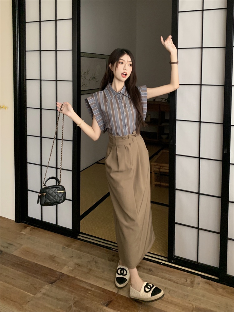 66114 Áo Sơ Mi Sọc Retro Hàn Quốc / Váy Xẻ Tà Cạp Cao