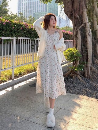 Dịu dàng gió mảnh hoa treo váy nữ   mùa hè hơi béo thắt lưng thon gọn khí chất váy nền