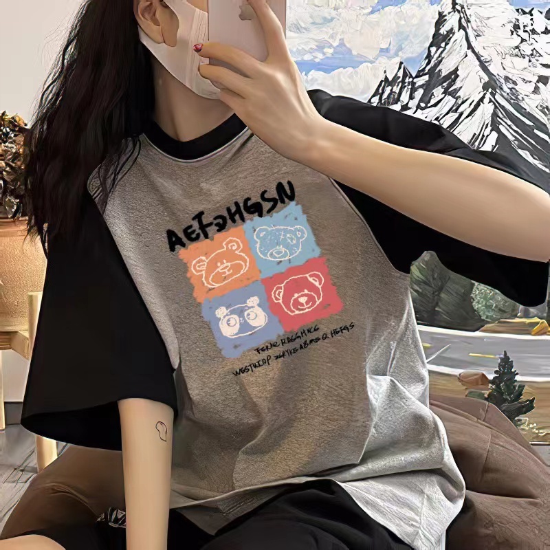 Áo Thun Tay Ngắn Dáng Rộng Màu Sắc Tương Phản Phong Cách Preppy