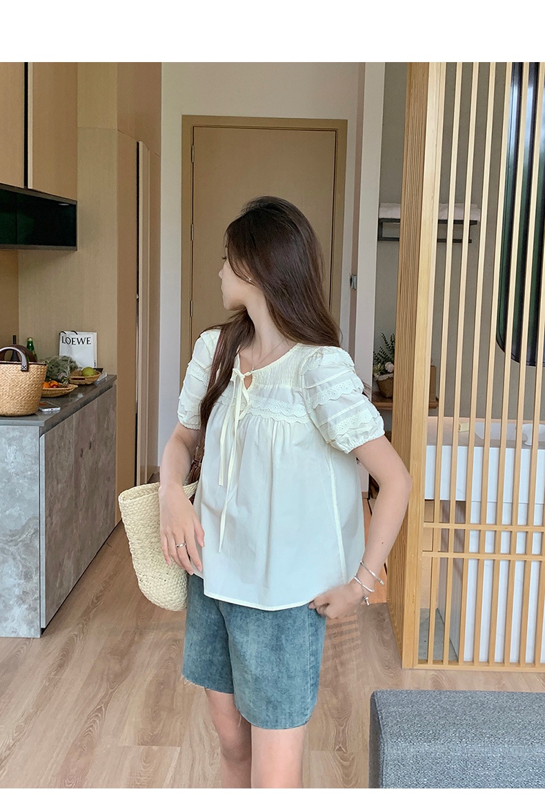 64318 Phong Cách Mới Áo Ngắn Tay Phối Ren