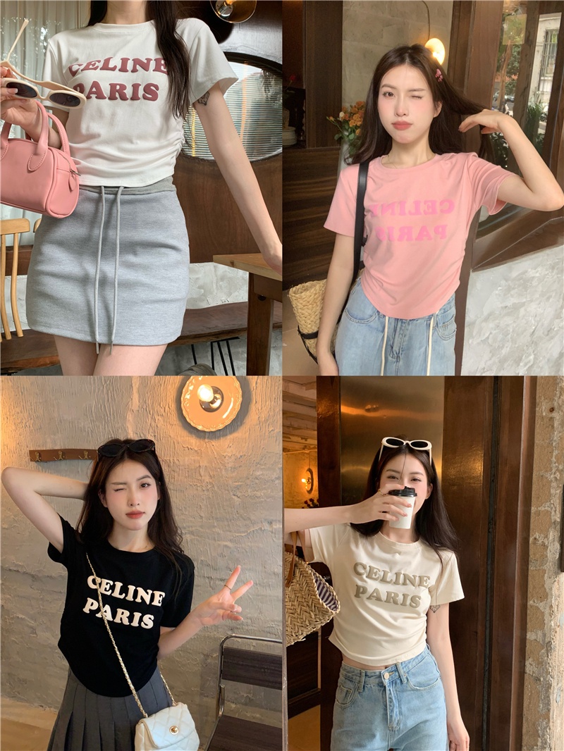 Áo Thun Xếp Ly In Chữ Phong Cách Hàn Quốc Mới 64652