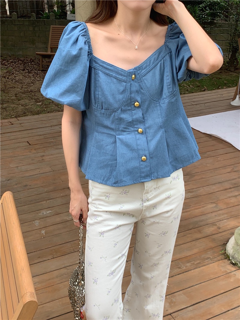 Áo Sơ Mi Denim Ngắn Tay Phồng Phối Nút Kim Loại 2 Màu Thời Trang Pháp Quý Phái 64898