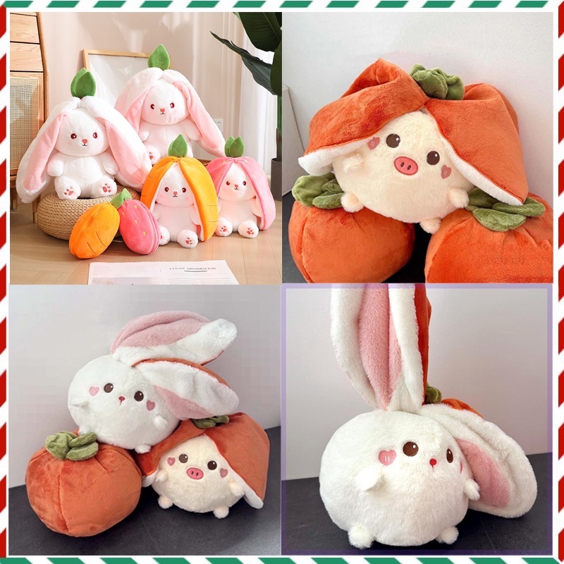 ✨Thỏ Dâu Tây 2 Trong 1 Xinh Xắn 2 Trong 1✨Thú Nhồi Bông 2 Màu Sắc Hình Gấu Teddy / Thỏ / Cà Rốt Sáng Tạo