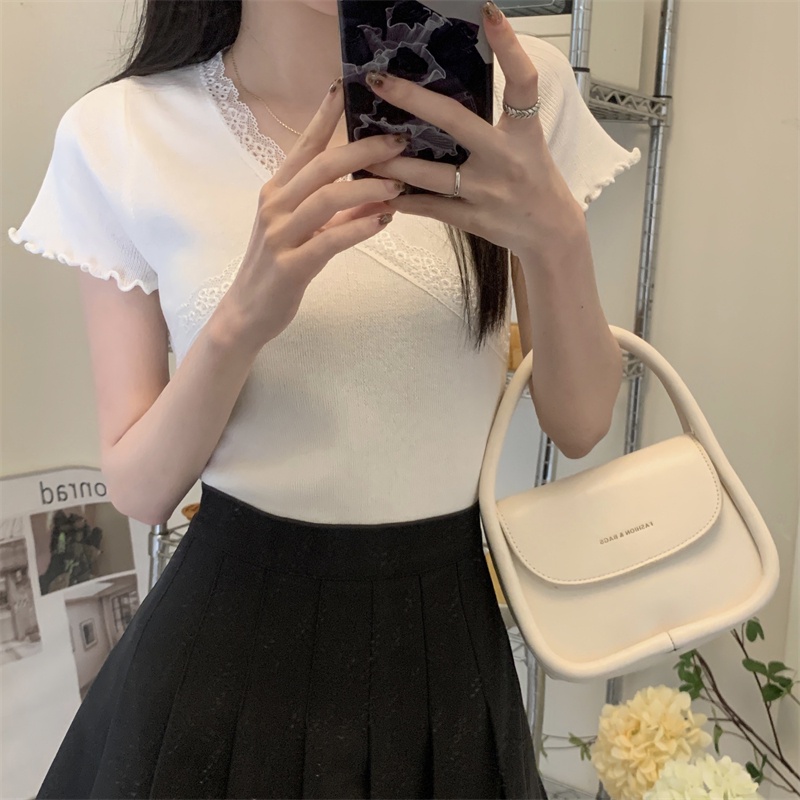 Áo Thun Nữ Cổ Chữ v Viền Ren Phong Cách Mới Mùa Hè 64030