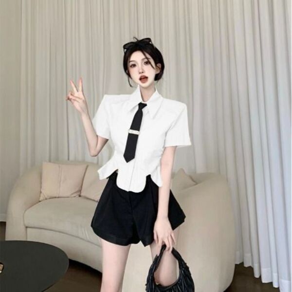 Set váy áo Nữ Mới Nhất Tinh Khiết  Áo Sơ Mi  mix chân váy ngắn cavat nữ sinh thành lịch