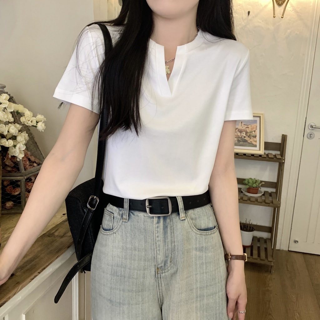 Áo Thun Cotton Ngắn Tay Cổ Nửa Phong Cách Hàn Quốc Đơn Giản Thời Trang Mùa Hè 66403