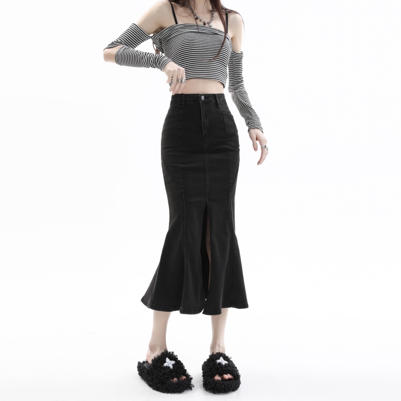 Chân Váy Denim Đuôi Cá Lưng  RENJIANVSHENG Cao Thời Trang Dành Cho Nữ