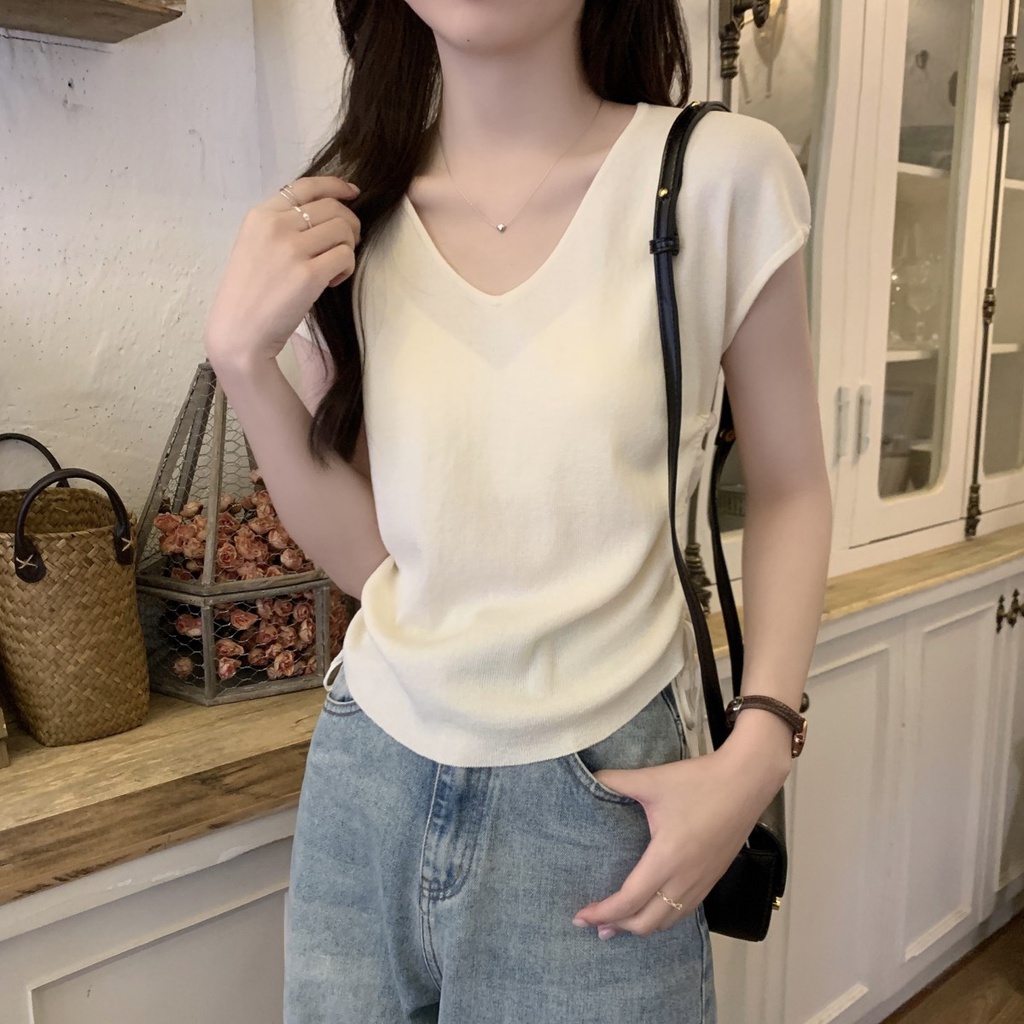 Áo Sweater Kẻ Sọc Cổ Chữ V Cột Dây Xếp Ly Thời Trang 62965