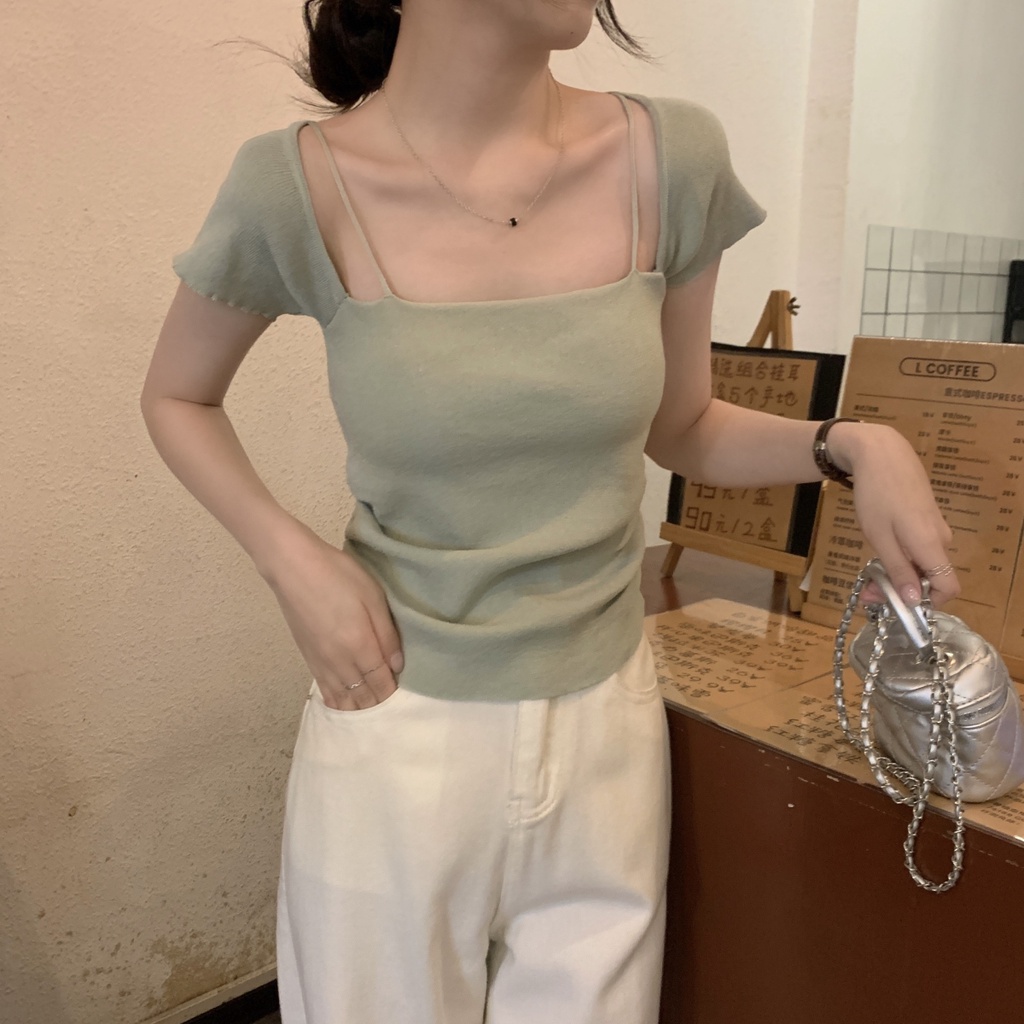 Áo Sweater Dệt Kim Cổ Vuông Xếp Ly Dáng Ôm Tay Ngắn Kiểu Hàn Quốc Thời Trang Xuân Hè 63264