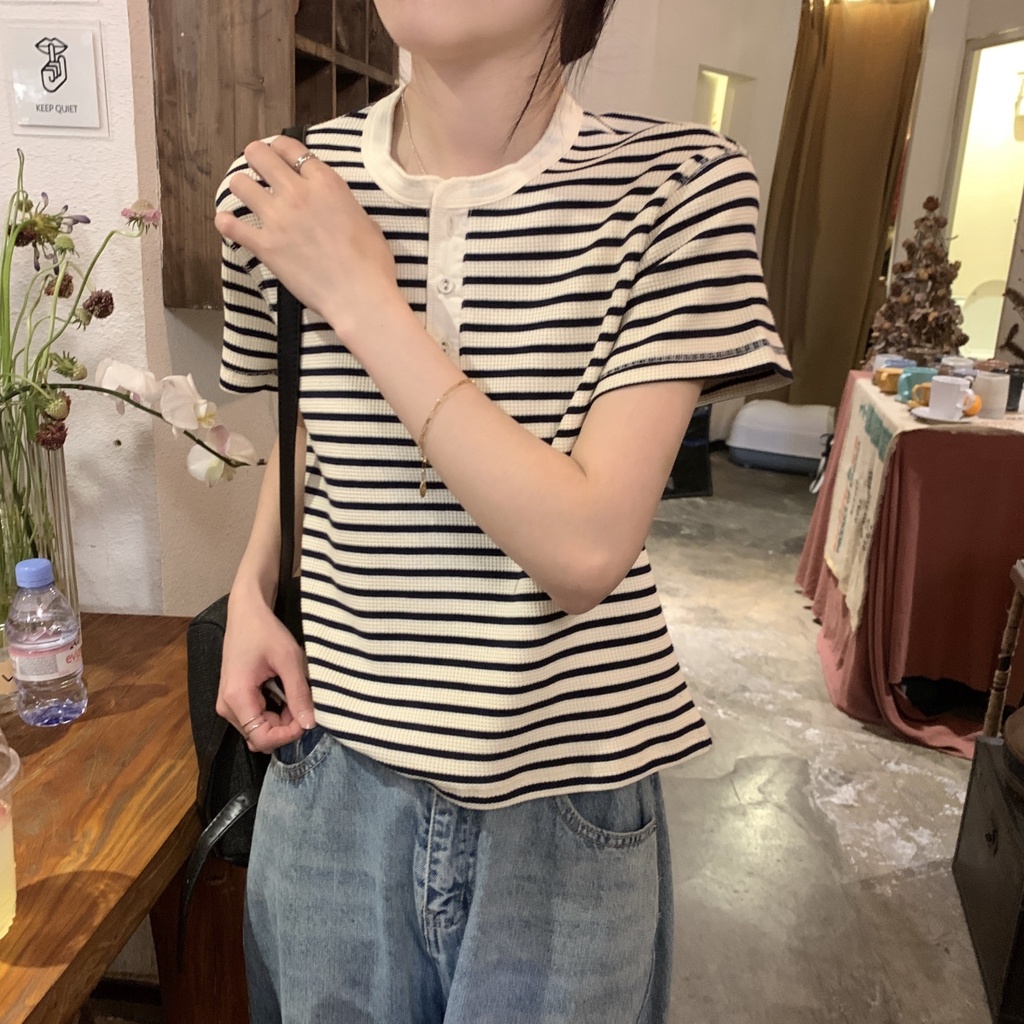 Áo Thun Kẻ Sọc Dáng Rộng Ngắn Tay Phối Nút Phong Cách Hàn Quốc Thời Trang Mùa Hè 64641