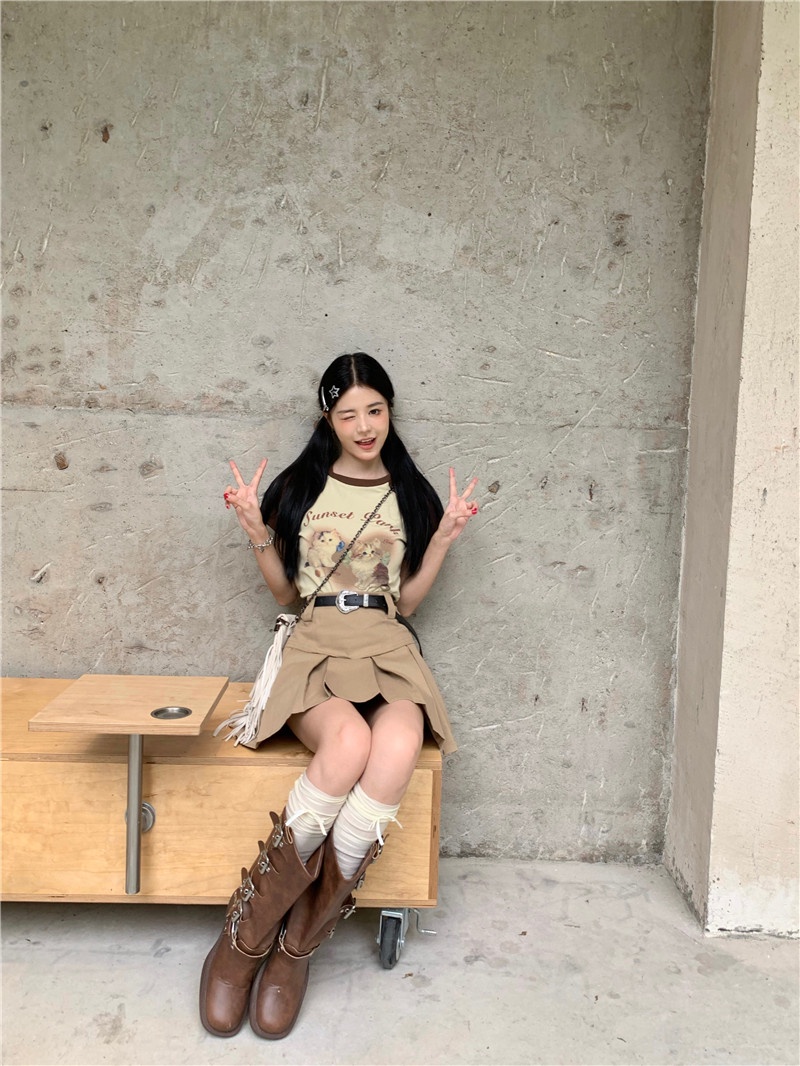 Áo Thun / Váy In Hình Mèo Phong Cách Mới 64930 Kèm Thắt Lưng