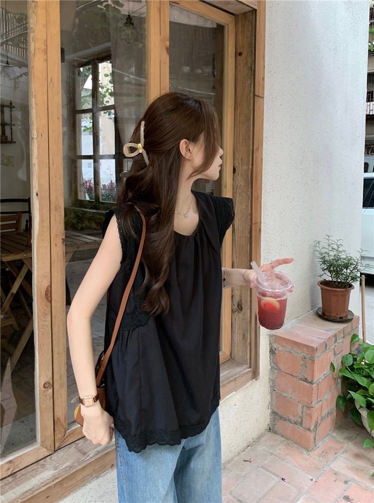 Áo Sát Nách Cổ Tròn Màu Trơn Phối Ren Lỗ Thời Trang Mùa Hè Phong Cách Pháp Hàng Mới 65060