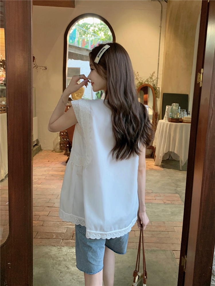 Áo Sát Nách Cổ Tròn Màu Trơn Phối Ren Lỗ Thời Trang Mùa Hè Phong Cách Pháp Hàng Mới 65060