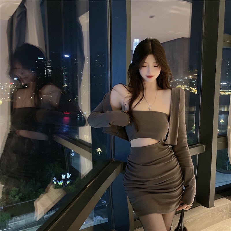Váy  Mới Thuần Khiết Thời Trang Cardigan khoet eo phối cadigan, set váy nữ