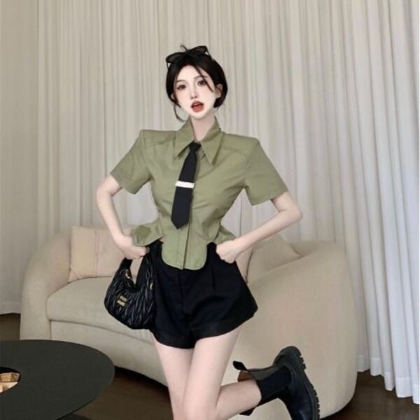 Set váy áo Nữ Mới Nhất Tinh Khiết  Áo Sơ Mi  mix chân váy ngắn cavat nữ sinh thành lịch