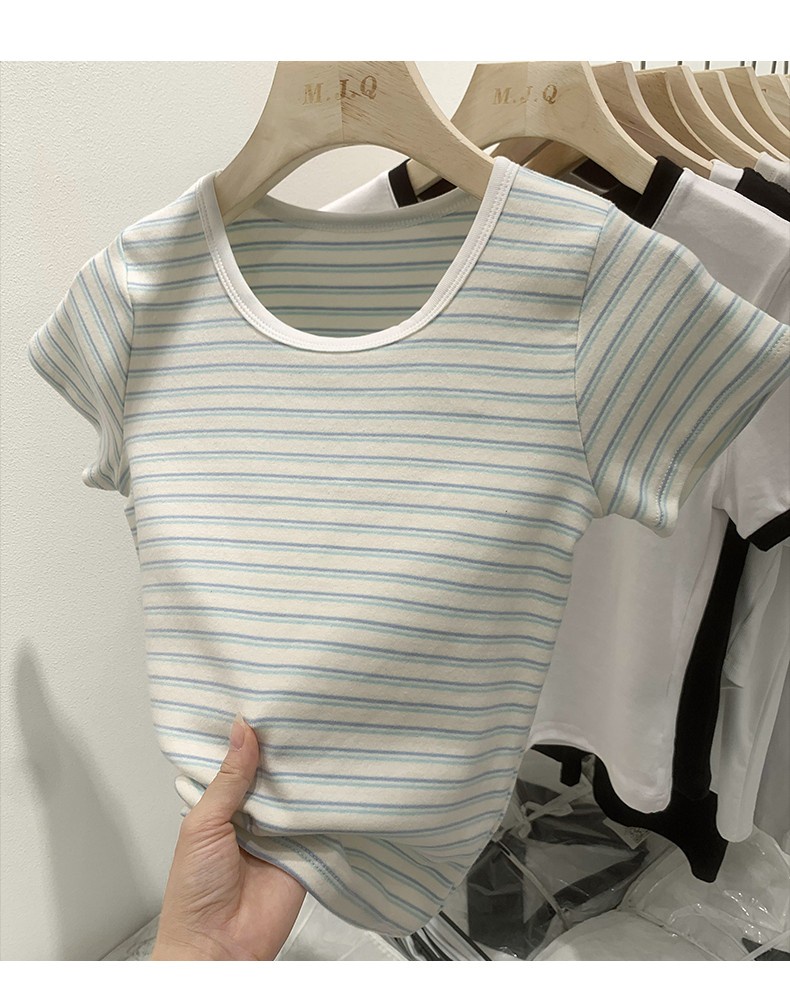 Áo Thun Kẻ Sọc Cổ Tròn Dáng Ôm Ngắn Tay Thời Trang Mùa Hè Mỹ Cá Tính 64423
