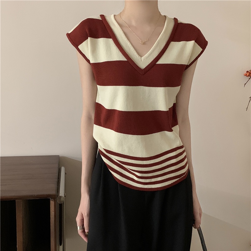 Áo Thun Ba Lỗ Giả Hai Lớp Cổ v Kẻ Sọc Màu Sắc Tương Phản Thời Trang Mùa Hè 65071