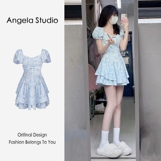 Pure Desire Gió Cổ Vuông Tay Phồng Đầm Công Chúa Mùa Hè Nữ Sinh Eo Nhỏ Váy Chữ A Giảm Béo