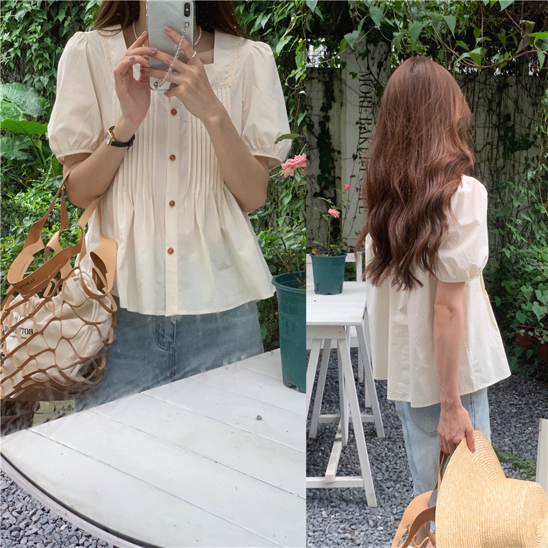 Áo Kiểu Tay Ngắn Cổ Vuông Phối Ren Đơn Giản Phong Cách Hàn Quốc 64437 Có 3 Màu