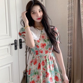 Váy cổ búp bê khảm hoa phong cách mới mùa hè của phụ nữ váy dài thắt lưng thiết kế nhỏ tươi mát và ngọt ngào