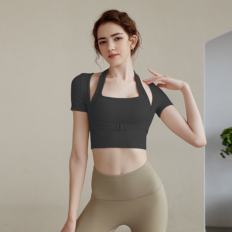 Fit.her Áo Thun Thể Thao Tay Ngắn Cổ Chữ Honey Peach Có Đệm Ngực Khô Nhanh Vừa Vặn
