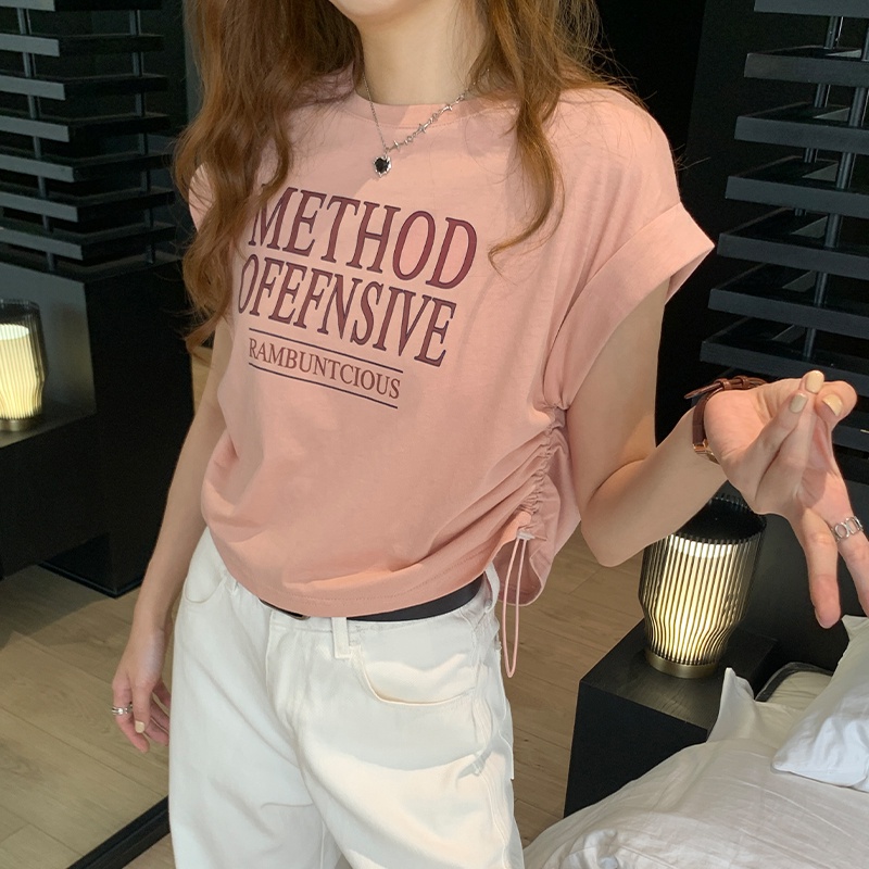 Áo Thun Cộc Tay Dáng Ôm Phối Dây Rút In Chữ Phong Cách Mỹ Thời Trang Mùa Hè 64286