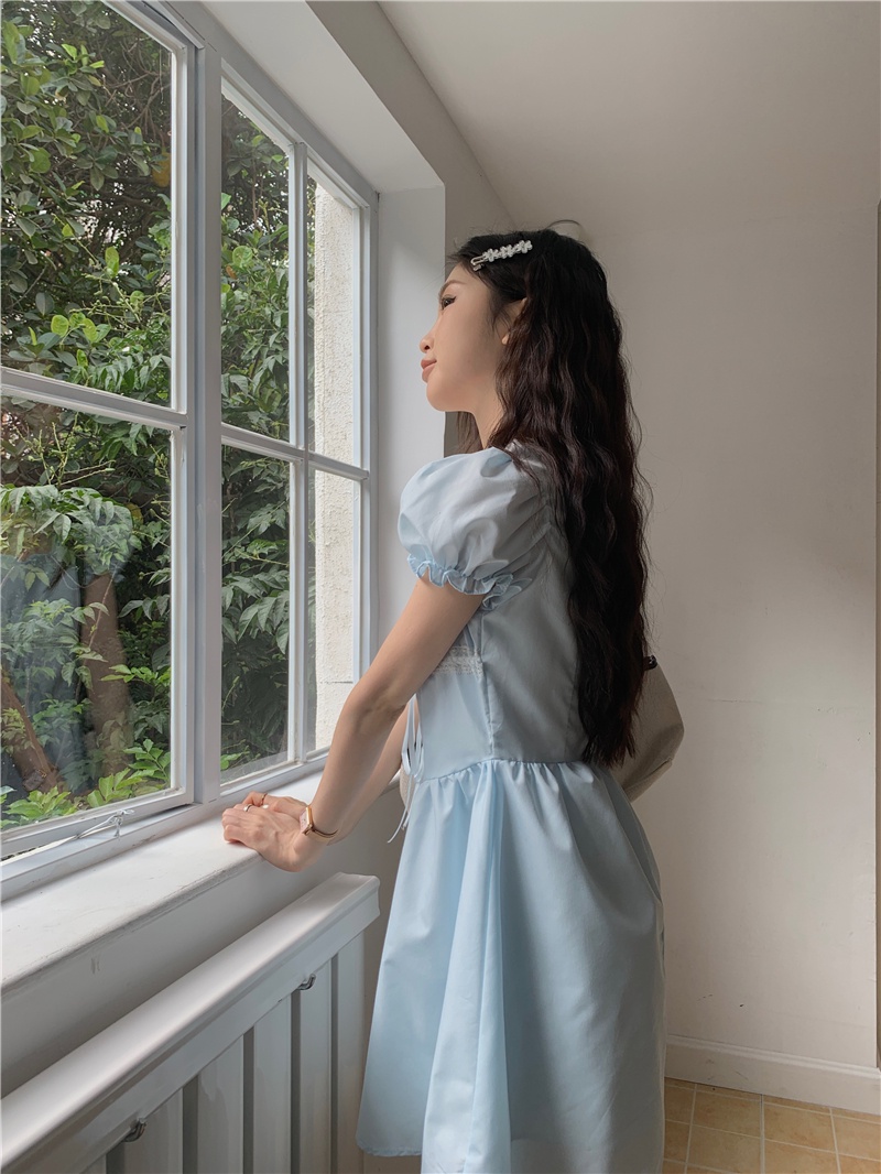 Đầm Tay Phồng Cổ Vuông Đính Nơ Màu Xanh Dương Thời Trang Mùa Hè Phong Cách Mới 65558