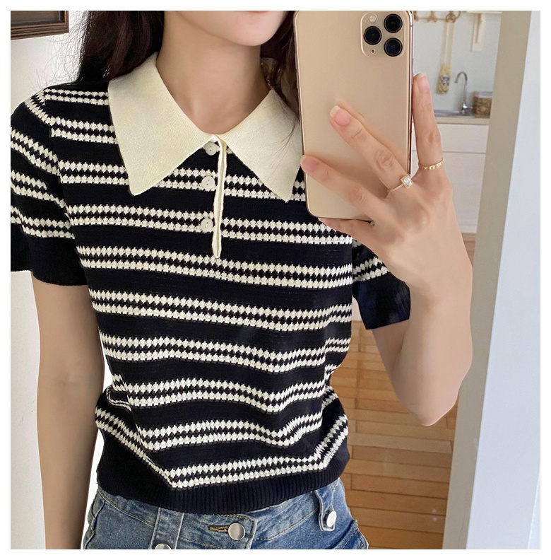 Áo Thun Dệt Kim Tay Ngắn Kẻ Sọc Ngang Phong Cách Mới Mùa Hè 62040