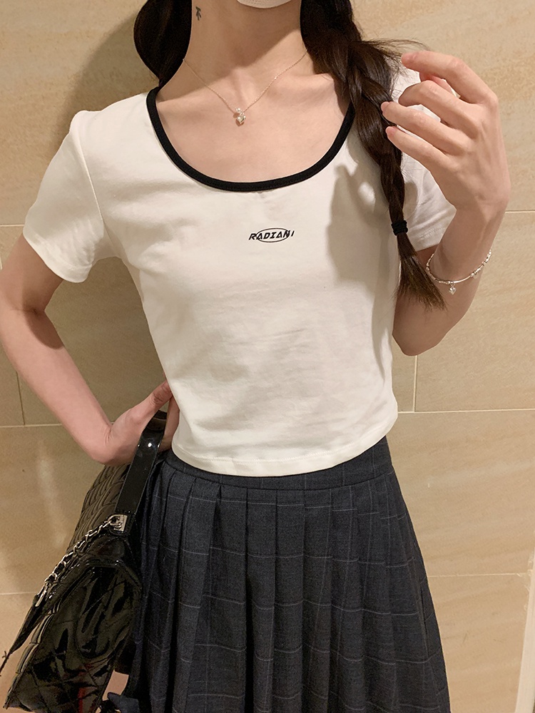 Áo Thun Dáng Ngắn In Chữ Nhỏ Phối Màu Sắc Tương Phản Thời Trang 62584