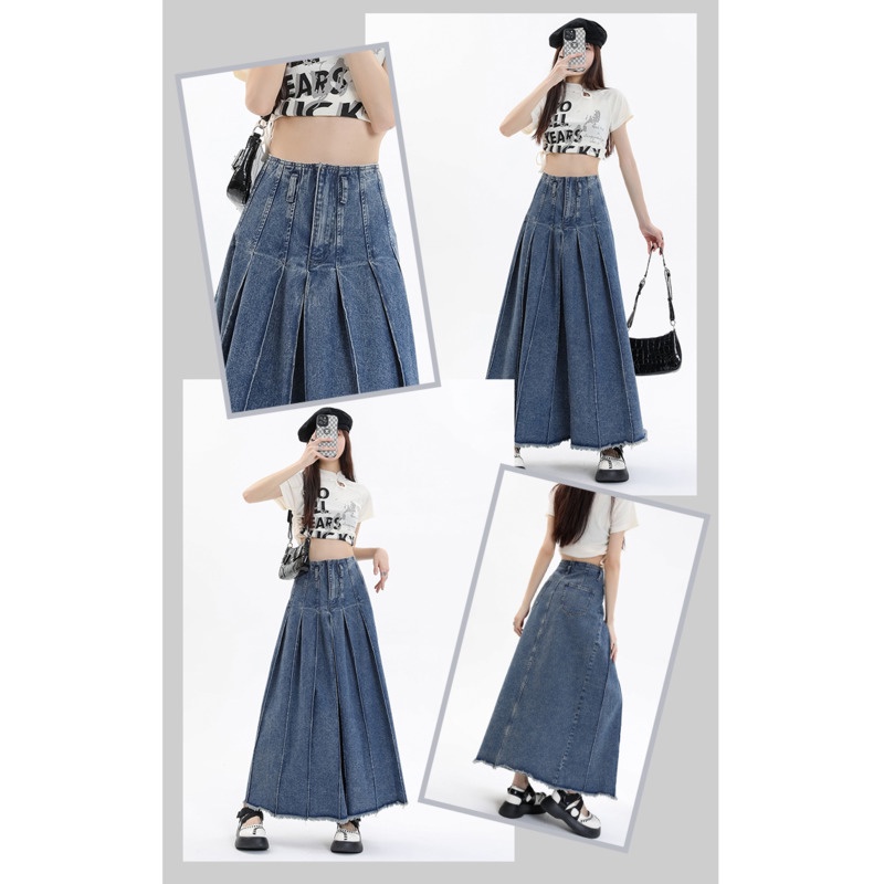 Chân Váy Denim Dài Dáng RENJIANVSHENG Chữ a Lưng Cao Thiết Kế Dễ Thương