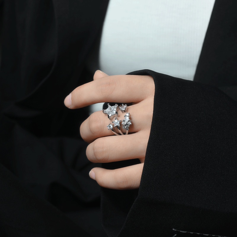 Nhẫn Hở Đính Đá zircon Hình Ngôi Sao Phong Cách hip hop Đường Phố Cá Tính Cho Nam Và Nữ