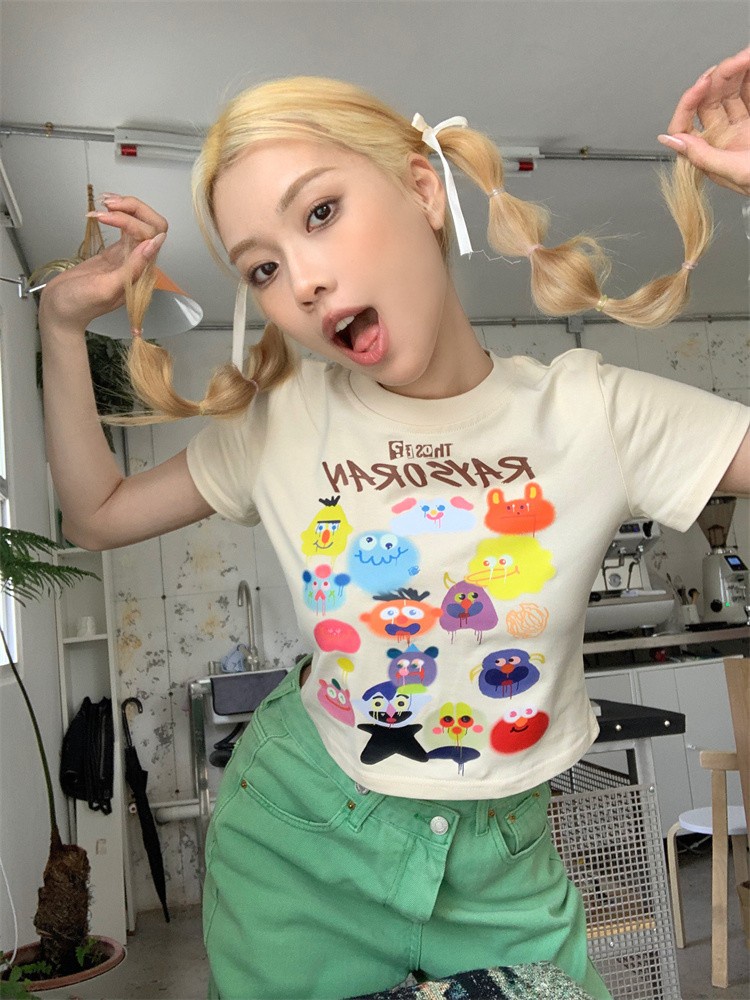 Áo Thun Cotton Dáng Ôm Ngắn Tay In Hoạt Hình Thời Trang Mùa Hè Năng Động 63082