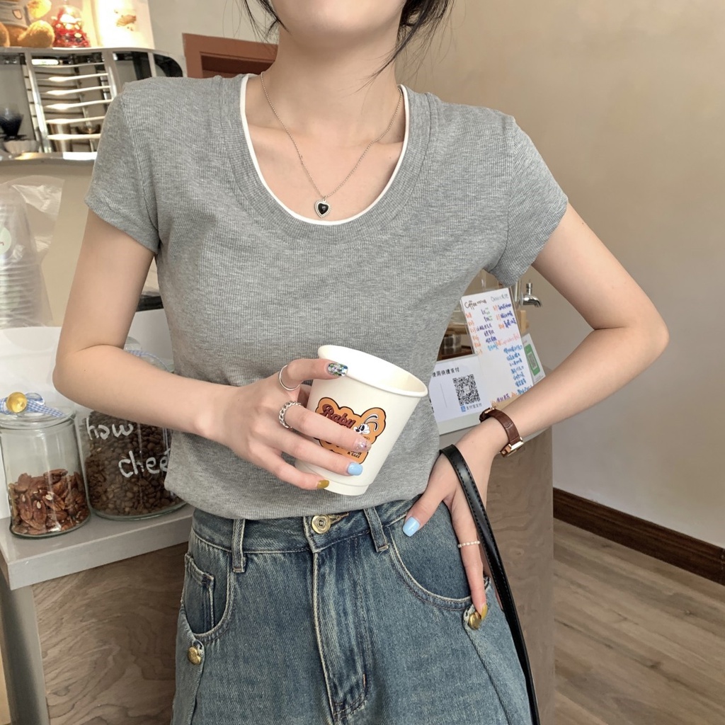 Áo Thun Cotton Giả Hai Lớp Ngắn Tay Màu Sắc Tương Phản Phong Cách Hàn Quốc Thời Trang Xuân Hè 63261