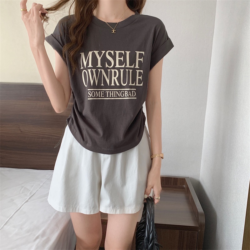 Áo Thun Cộc Tay Cổ Tròn In Chữ Mùa Hè Có Dây Rút Cho Nữ 63973