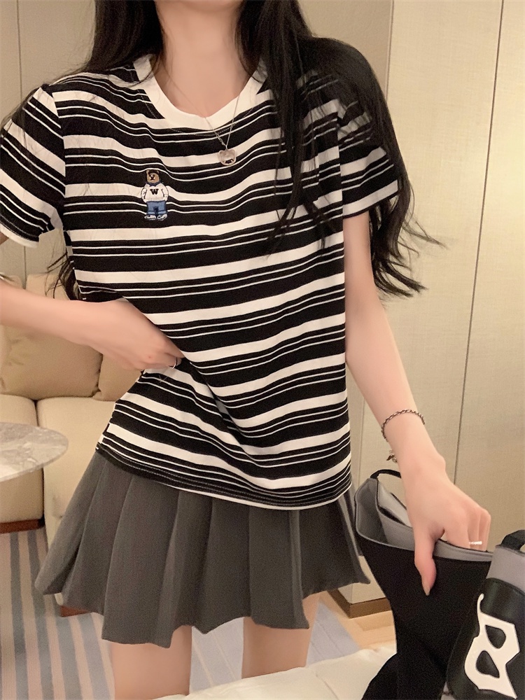 Áo Thun Tay Ngắn Sọc Ngang Thêu Hình Gấu Plus Size 64374