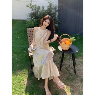 Váy kiểu Pháp tao nhã treo cổ nữ mùa hè kiểu mới rộng thùng thình hoa thêu khí chất váy dài trung bình