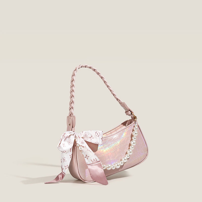 Túi xách nữ mùa hè niche laser màu hồng dễ thương túi sát nách Pháp thanh túi khăn lụa túi đeo vai túi