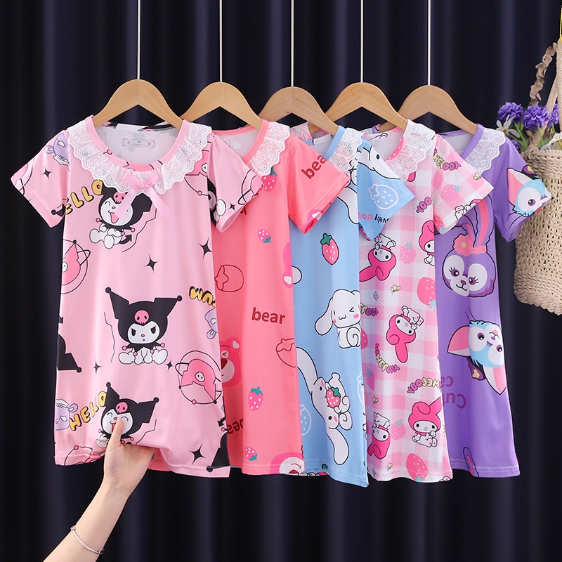 Váy ngủ đồ ngủ gấu dâu Lotso Cho Bé Gái Đầm Ngủ In Hình Kuromi Dễ Thương Váy Pijama Cho Bé Gái