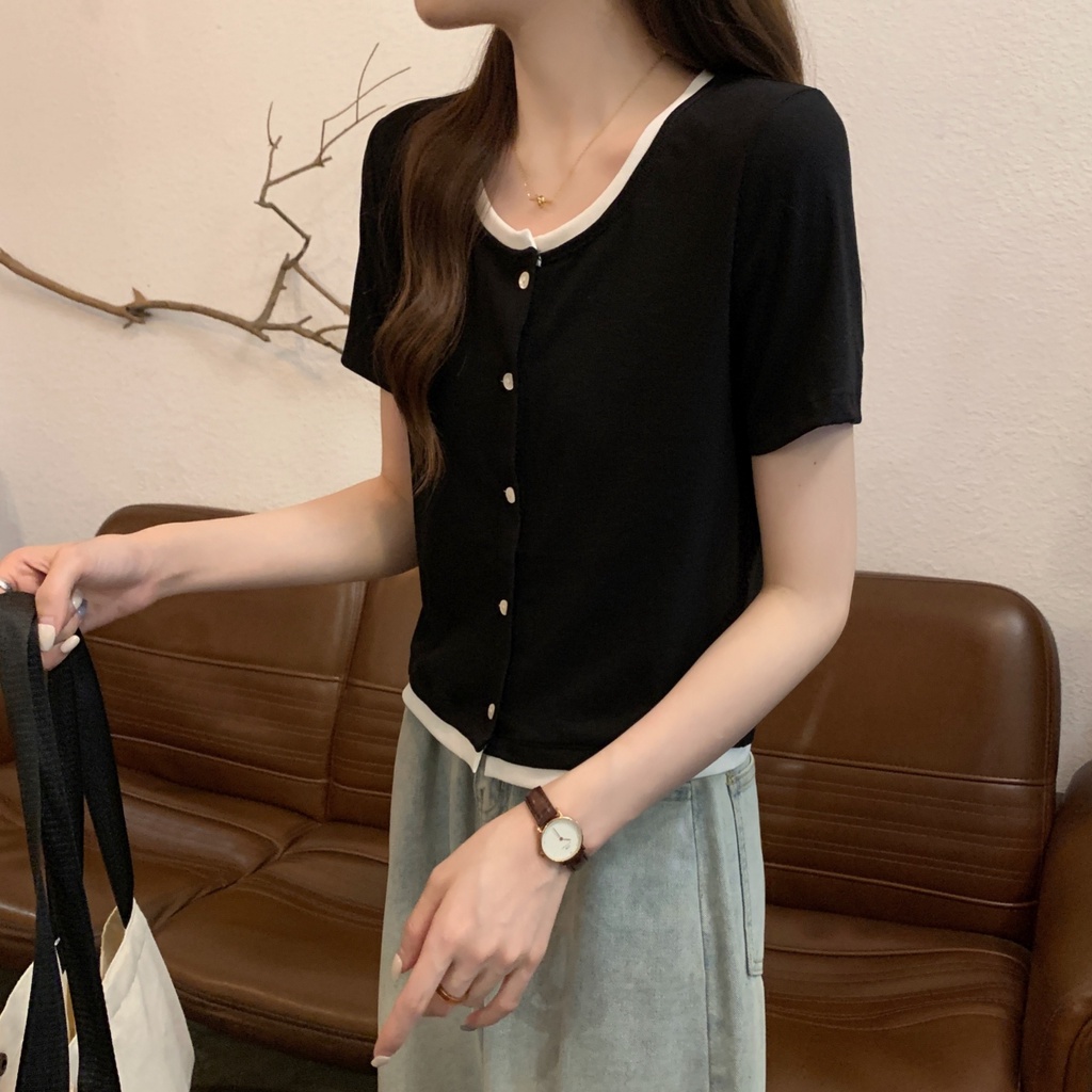 Áo Thun Cotton Tay Ngắn Giả Hai Lớp Màu Sắc Tương Phản Thời Trang Mùa Hè Dành Cho Bạn Nữ 64760