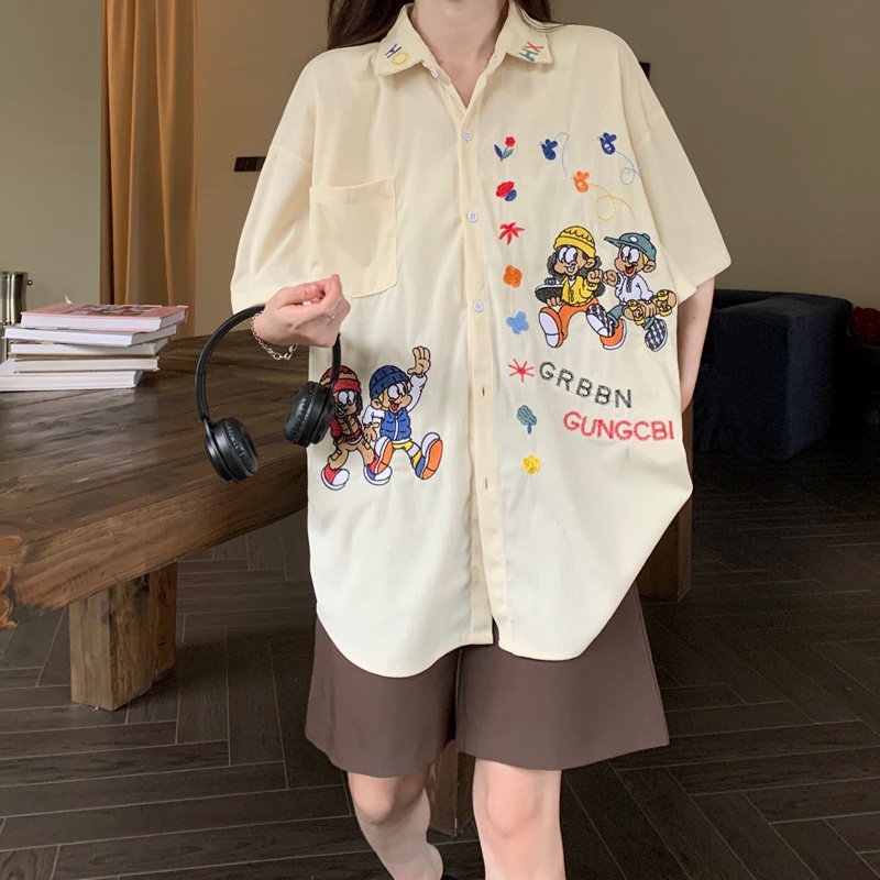 Áo Sơ Mi Tay Ngắn Oversize Thêu Họa Tiết Hoạt Hình Phong Cách Hàn Quốc Cho Nữ