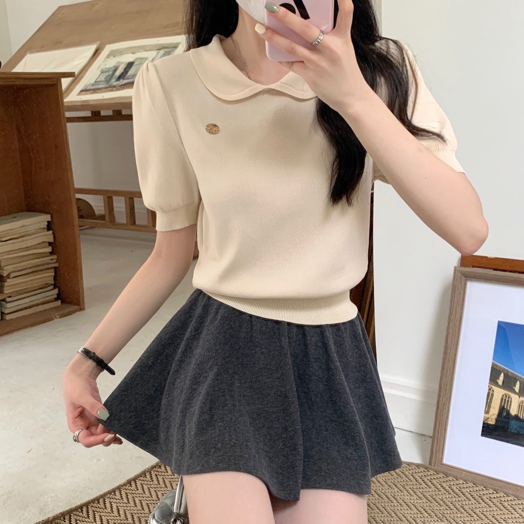 Áo Dệt Kim Cổ Mép Lật Ngắn Tay Phong Cách Hàn Quốc Thời Trang Xuân Hè 62102